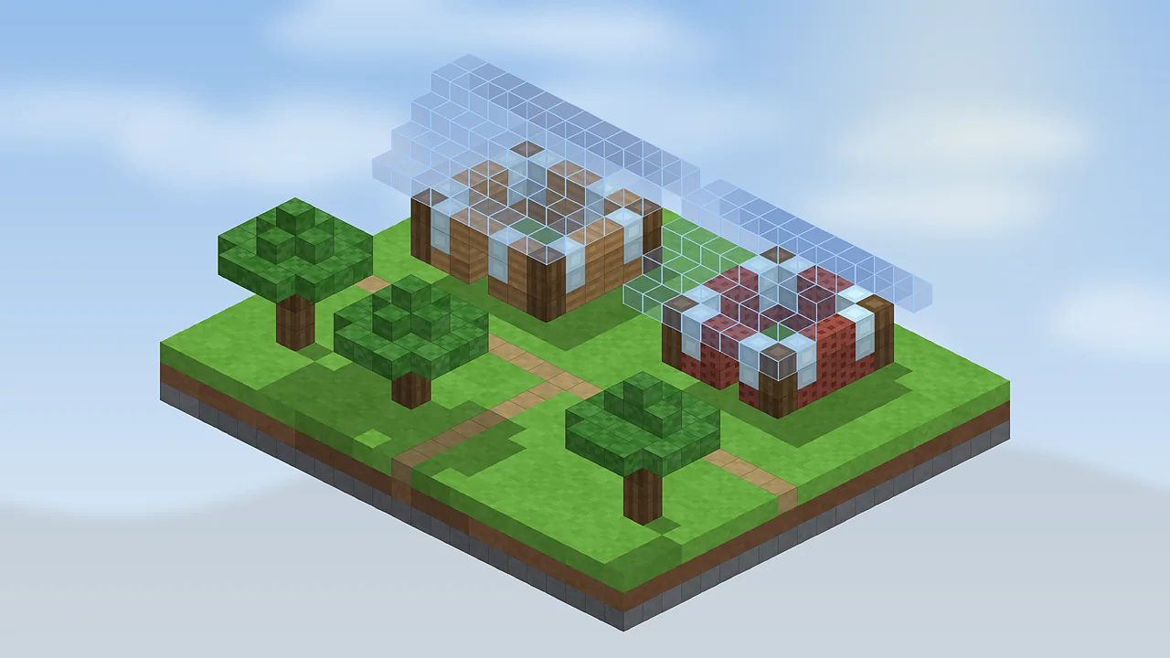 Voxel village with a Litematica schematic hovering as blue ghost blocks above half-built houses