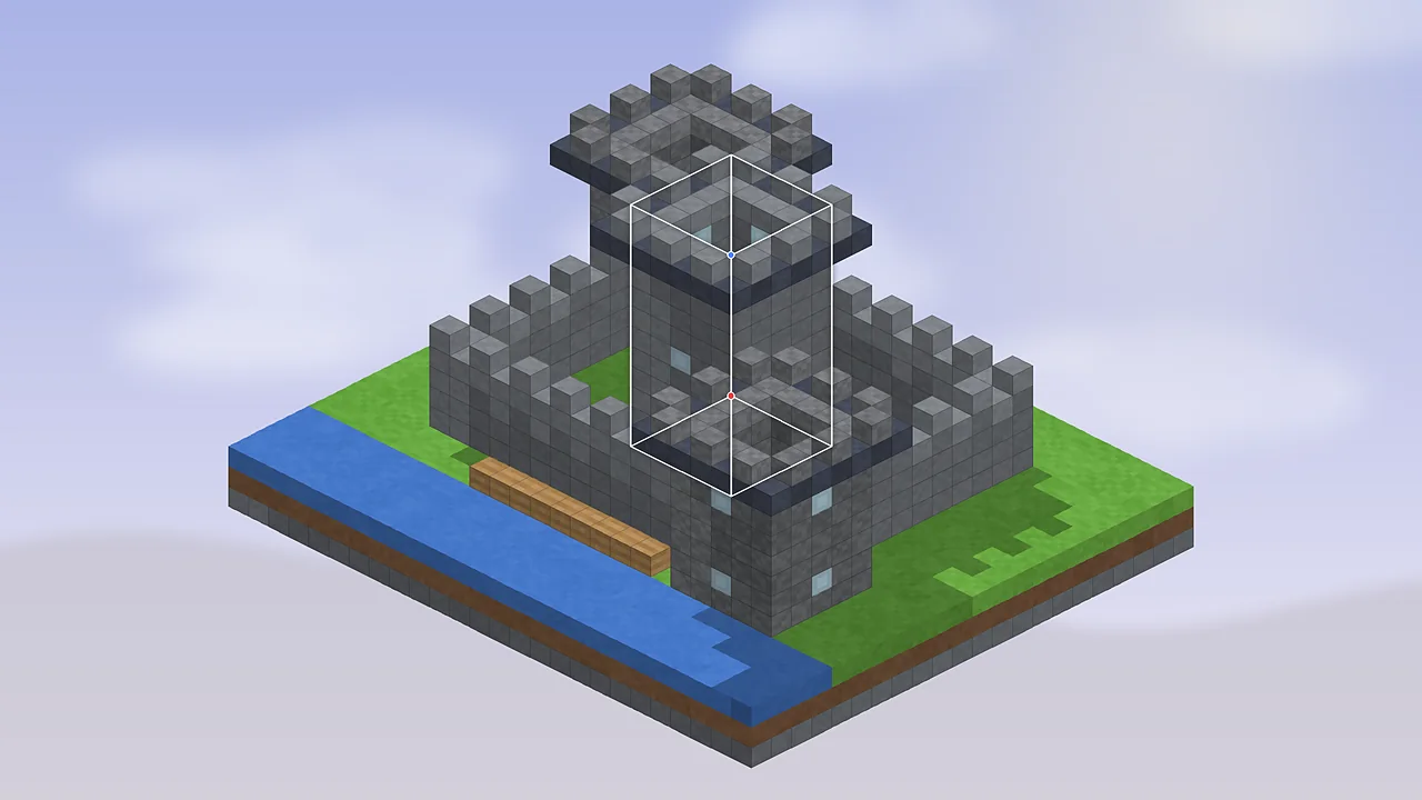 Voxel castle with a Litematica selection box drawn around its central tower