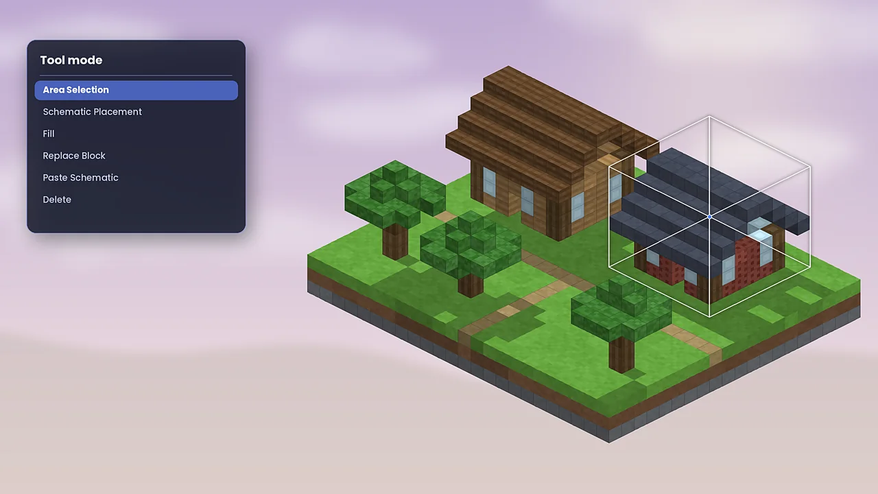 Litematica tool mode menu open with Area Selection highlighted next to a voxel cottage