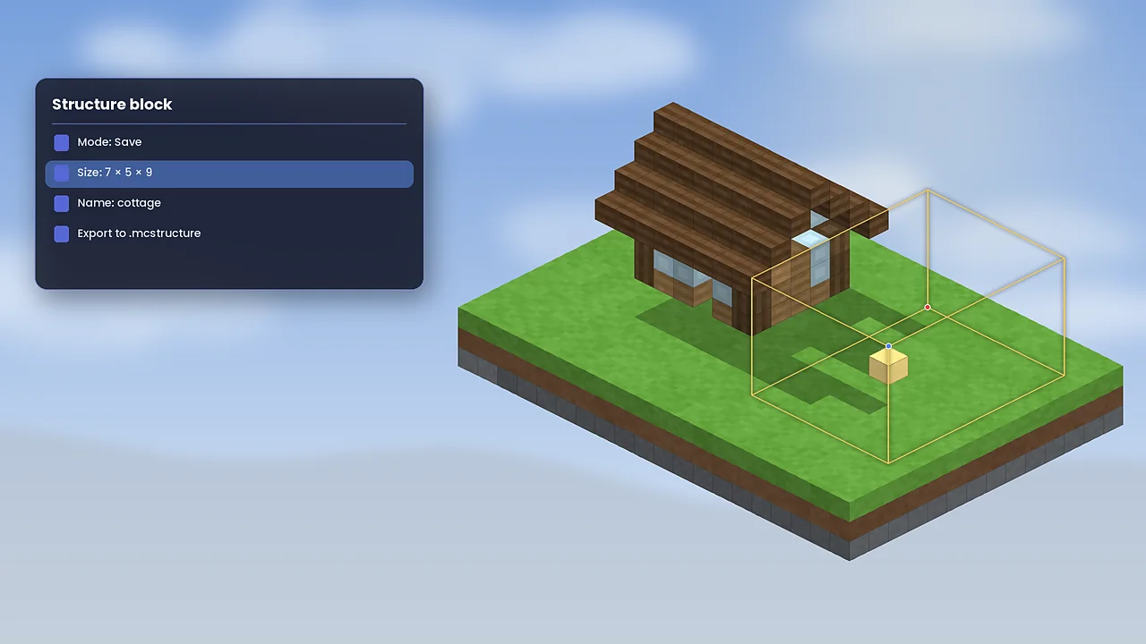 Structure block panel in save mode next to a voxel cottage with a yellow bounding box