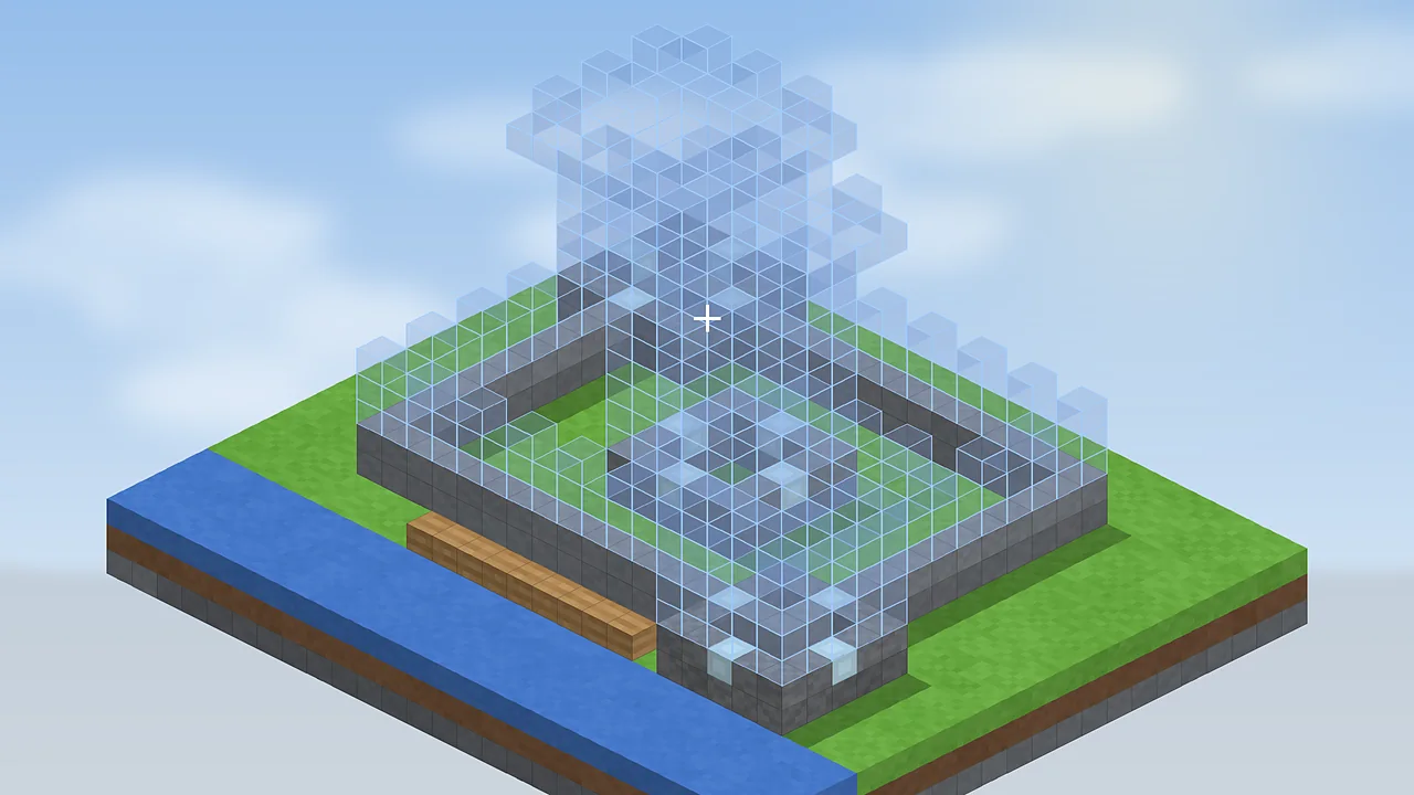 Crosshair aimed at a ghost castle wall while Litematica Easy Place mode places blocks