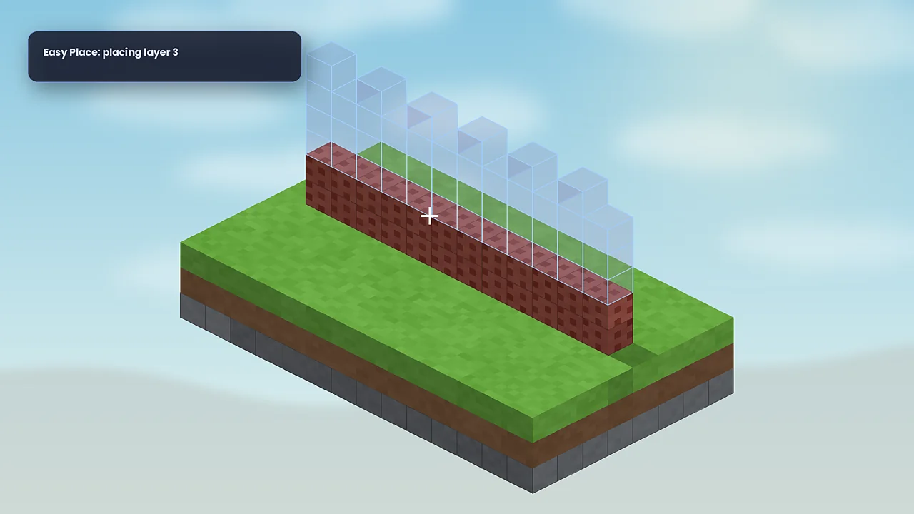 Brick wall being built with Litematica Easy Place, upper layers still shown as ghost blocks