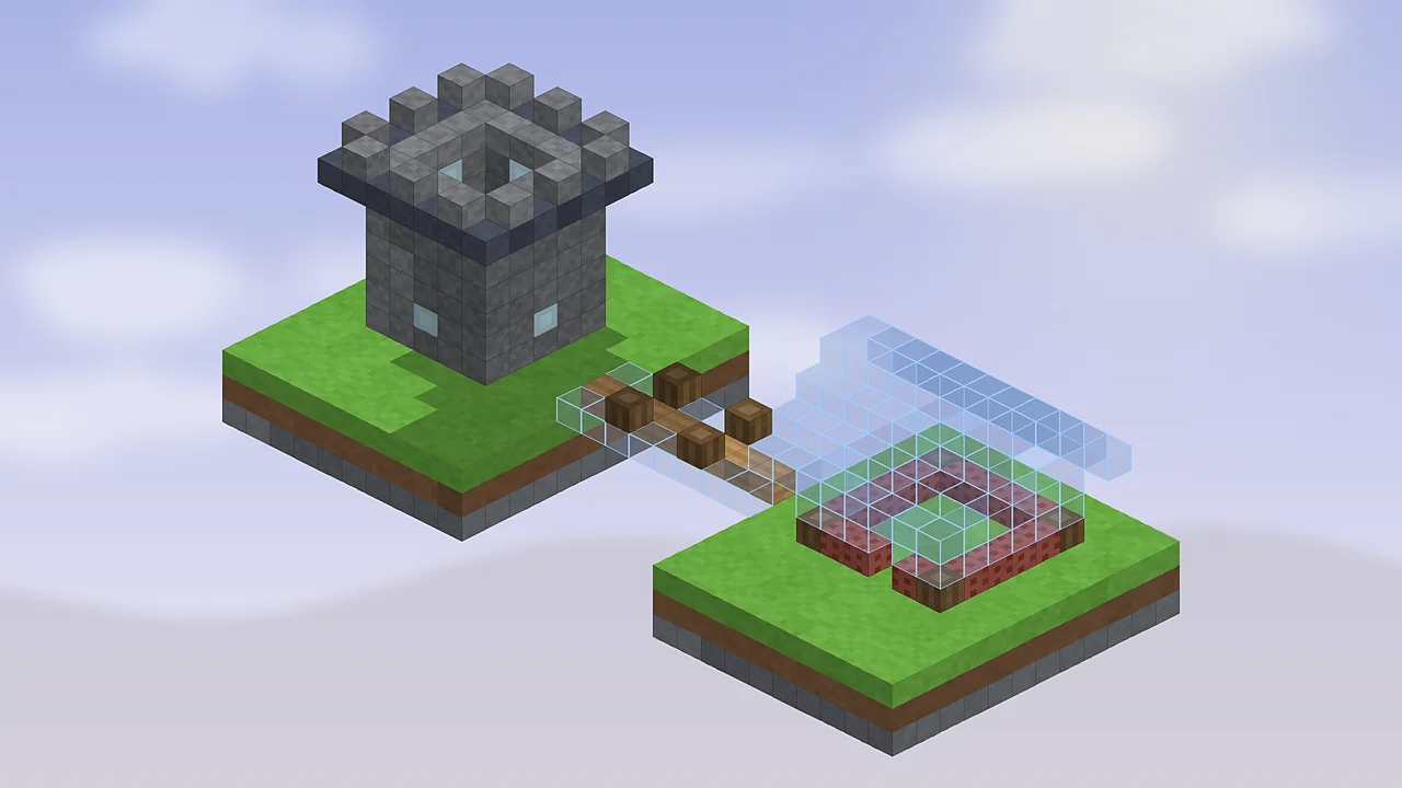 Two voxel islands joined by a half-built bridge shown as Litematica ghost blocks