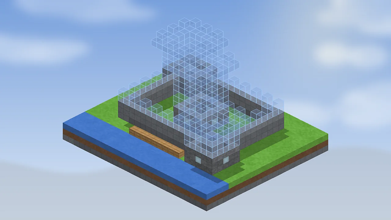 Voxel castle partly built with upper walls shown as Litematica ghost blocks