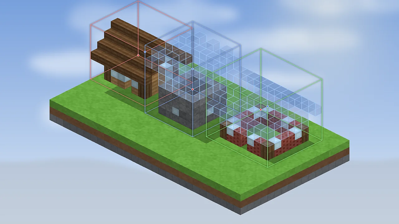 Three voxel buildings each wrapped in a different coloured Litematica sub-region box