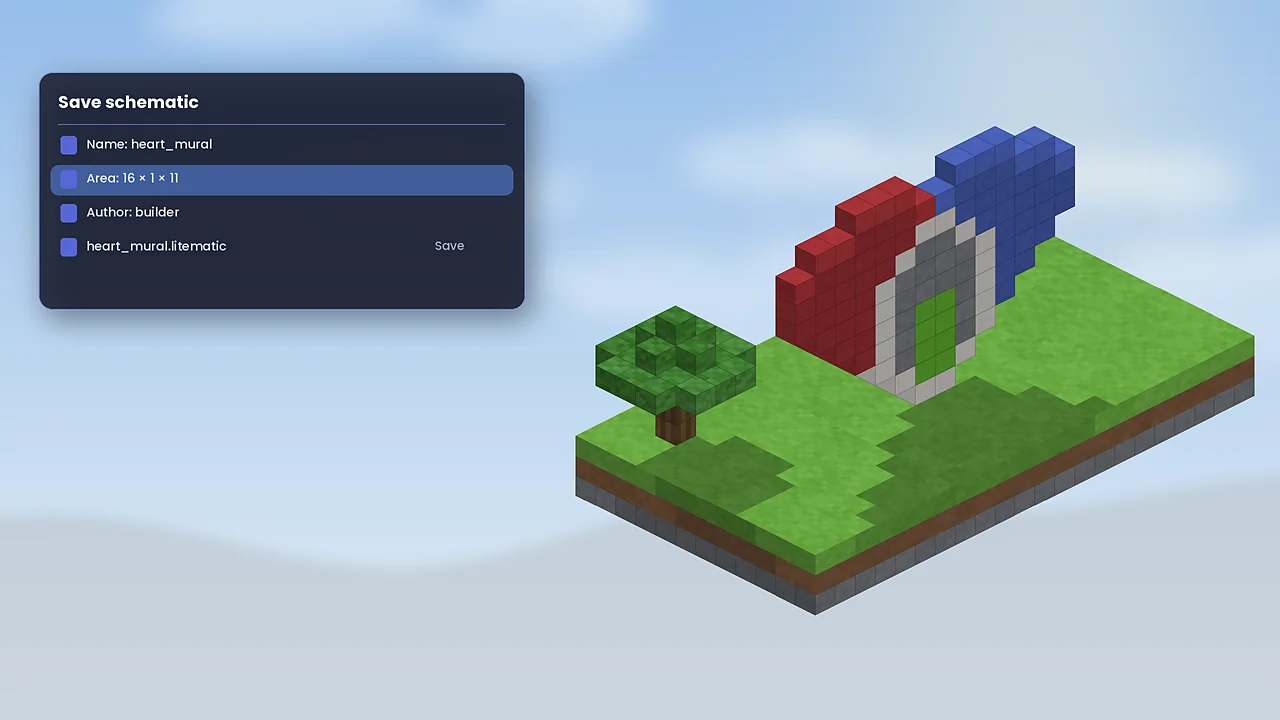Litematica save schematic panel showing name, area size and file name beside a voxel pixel-art heart