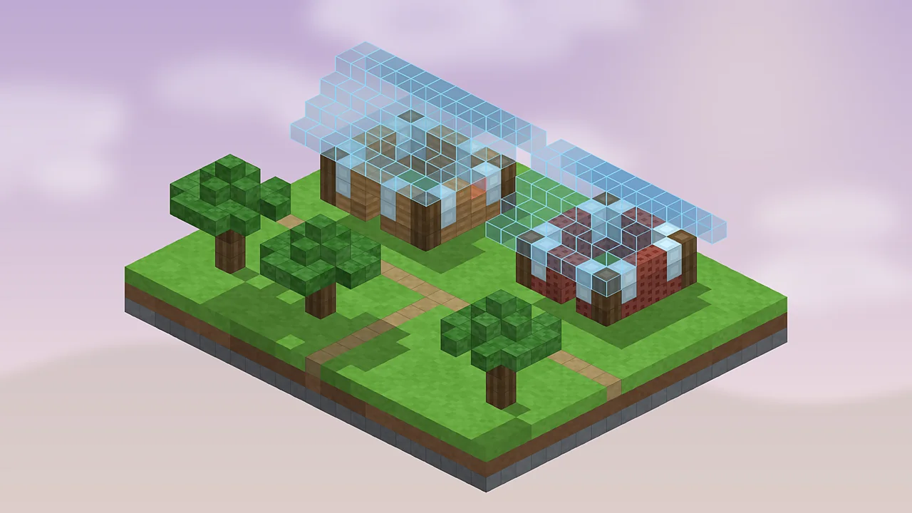 Voxel village with Litematica verifier colours marking missing, wrong and extra blocks