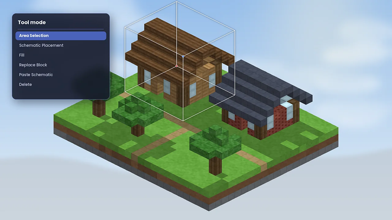 Area selection box Litematica area selection box around a voxel cottage with the Tool mode menu open