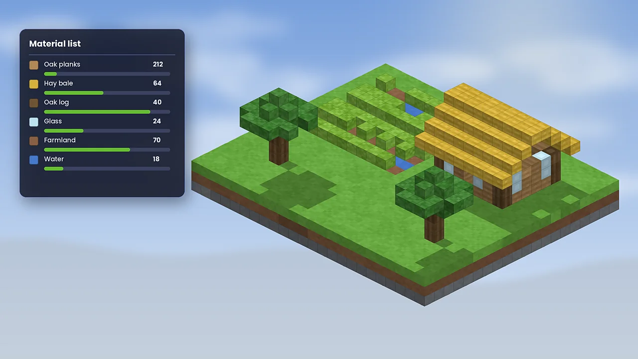 Material list HUD Litematica material list panel listing planks, hay bales, logs and glass for a farm build