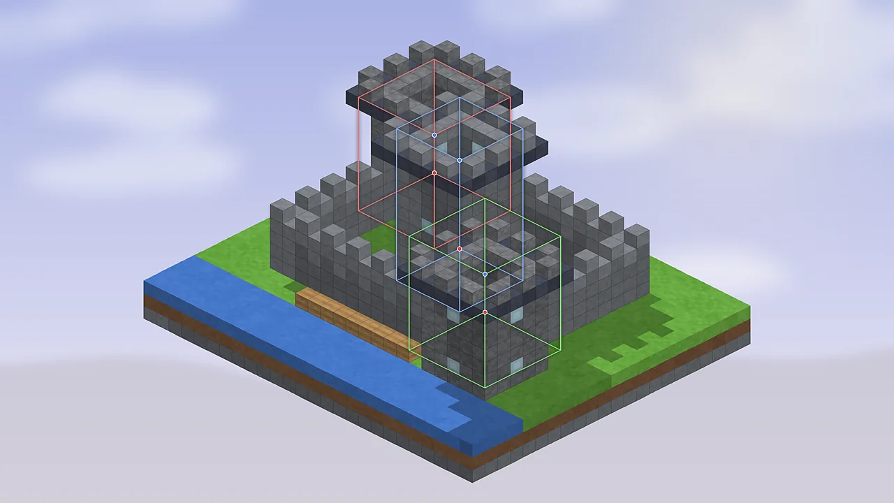 Multiple sub-regions Three Litematica sub-region selection boxes around parts of a castle
