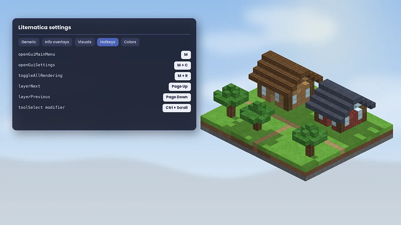 Litematica hotkeys panel listing the default key bindings over a voxel build